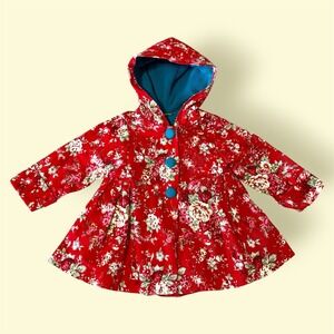 Maria Elena Kids Girls 3T Red Floral Hooded Coat Jacket Turquoise Lined‎ Buttons